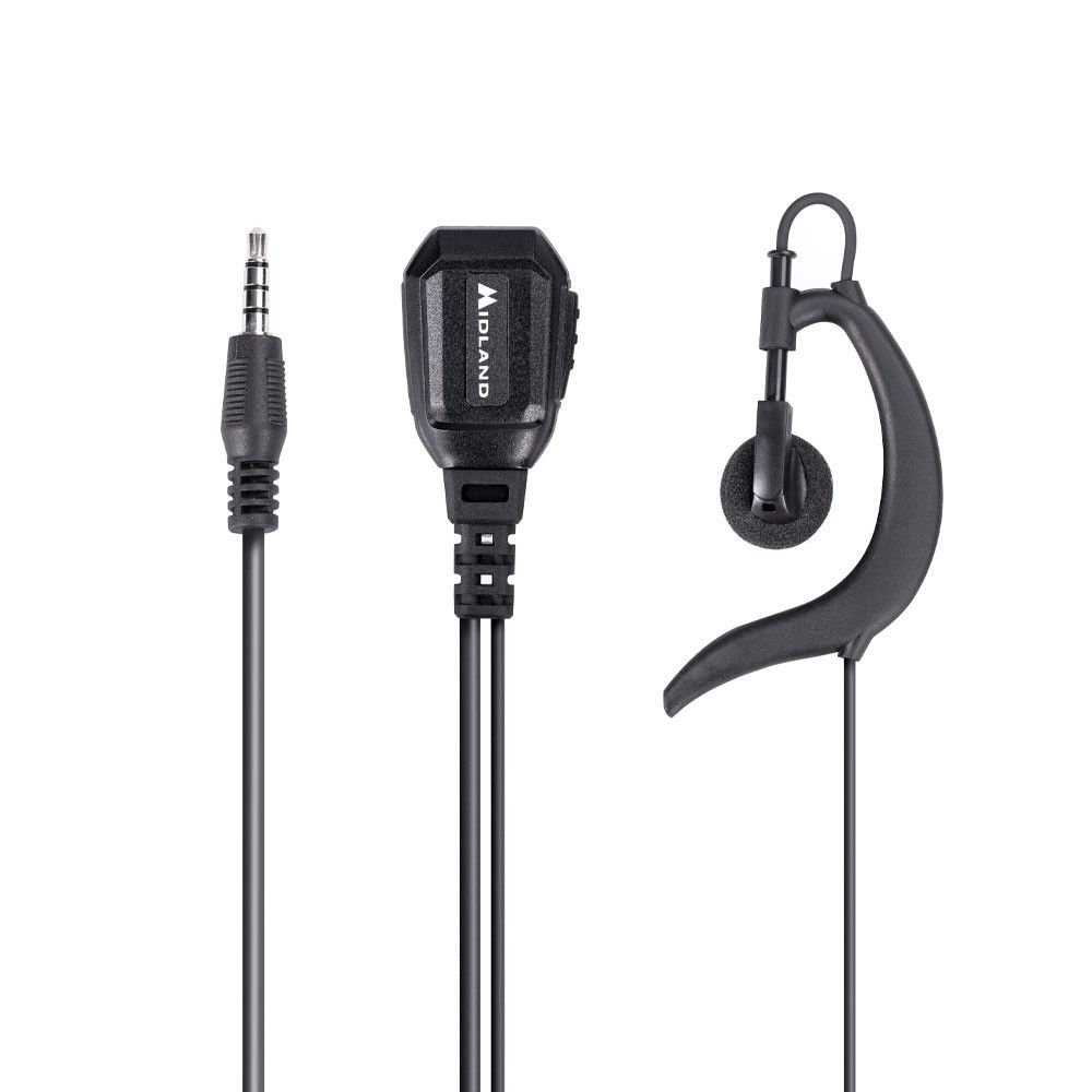 Midland MA21-777Pro headset met 1-pin 3,5 mm connector Midland 777 bedrading en oorhaak met earbud en PTT schakelaar aan een clip