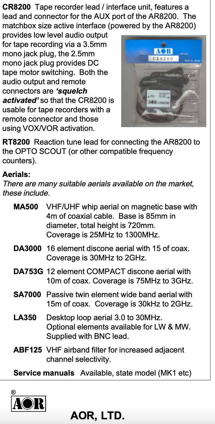 AOR CR8200 recording kabel Engelse specificatie uit brochure AOR