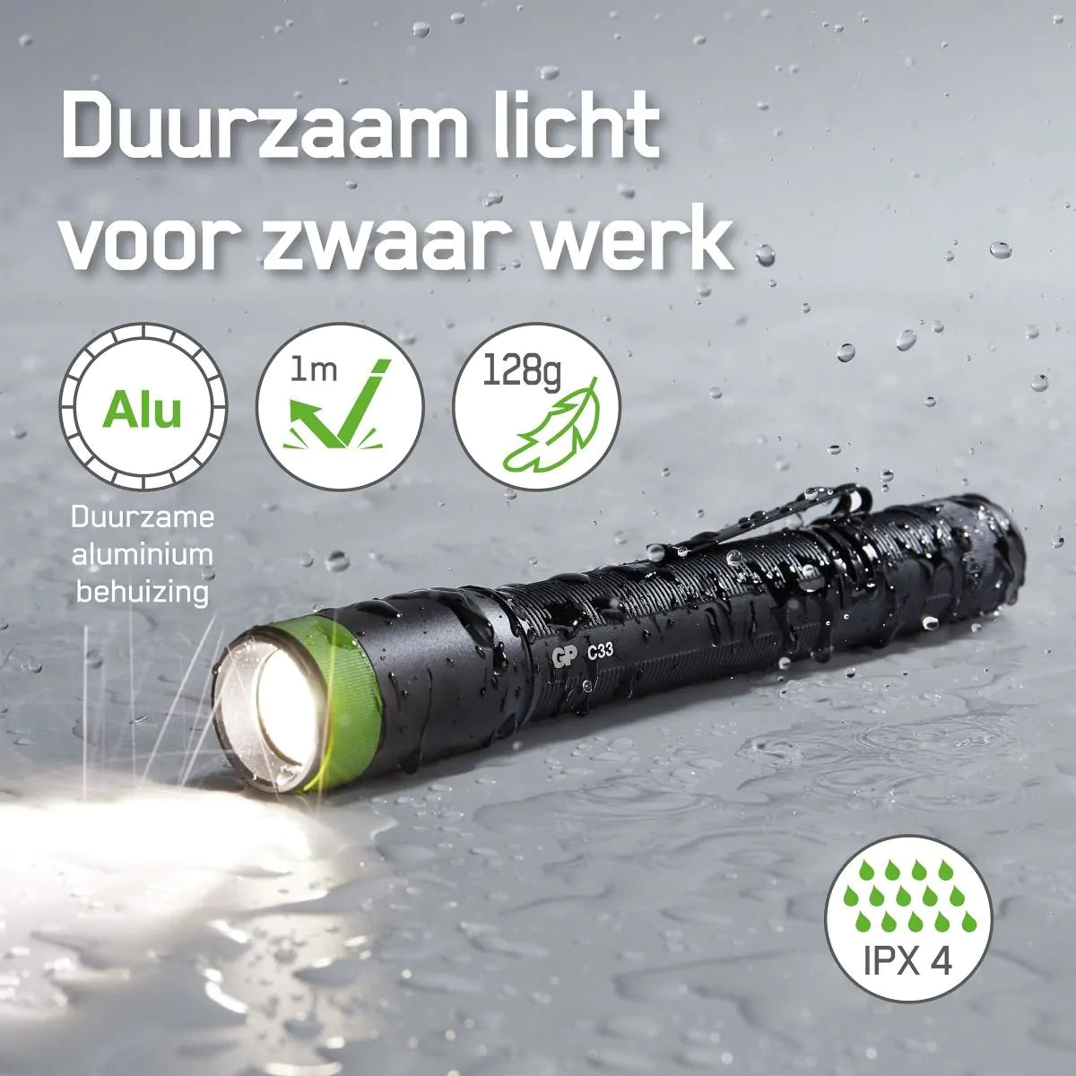 GP C33 led zaklamp met COB-led aan de zijkant en twee lichtinstellingen aan de voorzijde