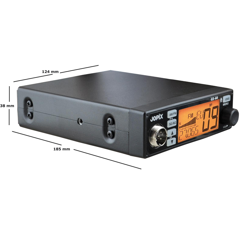 Jopix GS-60 27MC transceiver met de afmetingen erbij vermeld