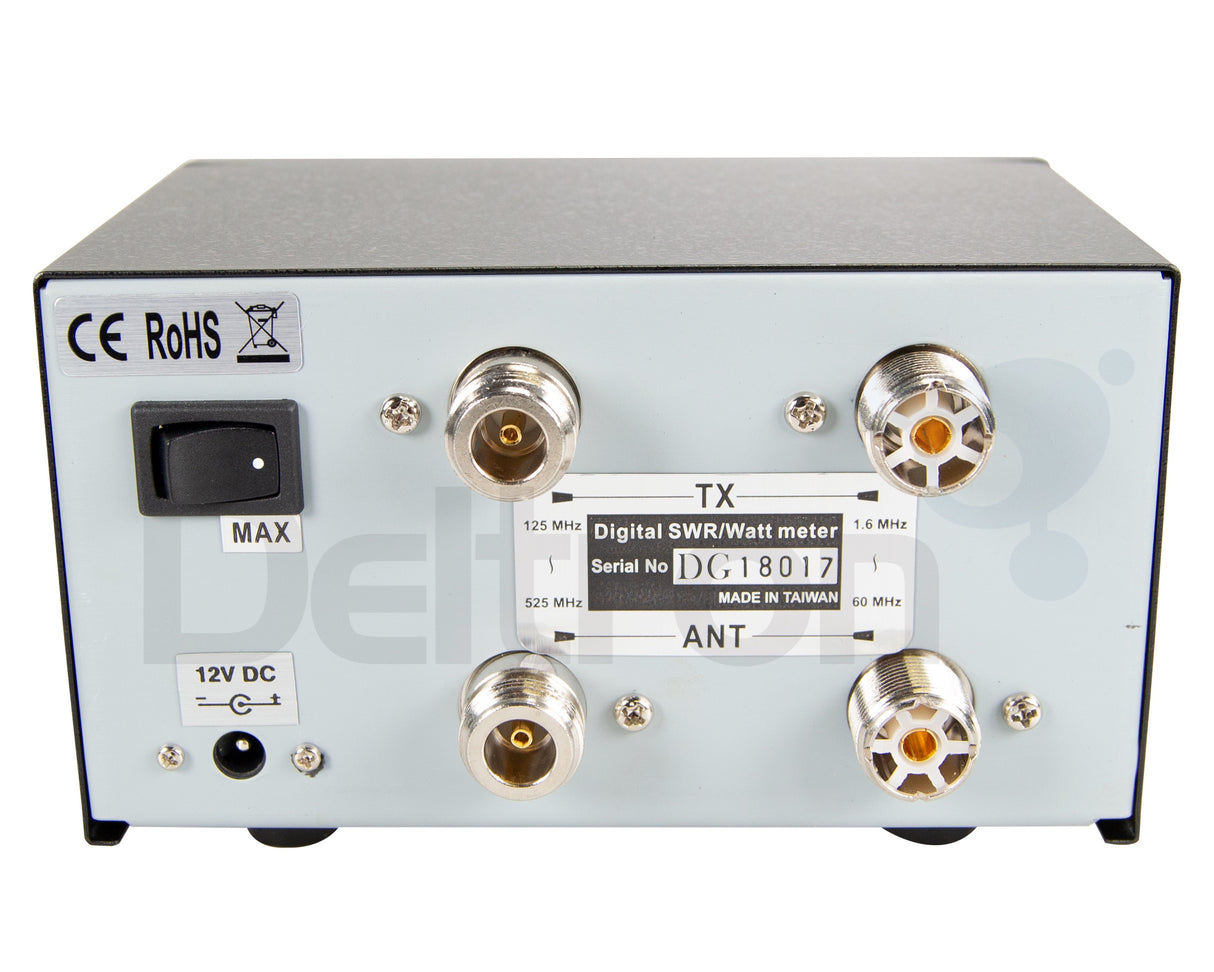 KPO DG-503 MAX SWR, PEP meter achterkant met aansluitingen UHF-F en N-connectoren