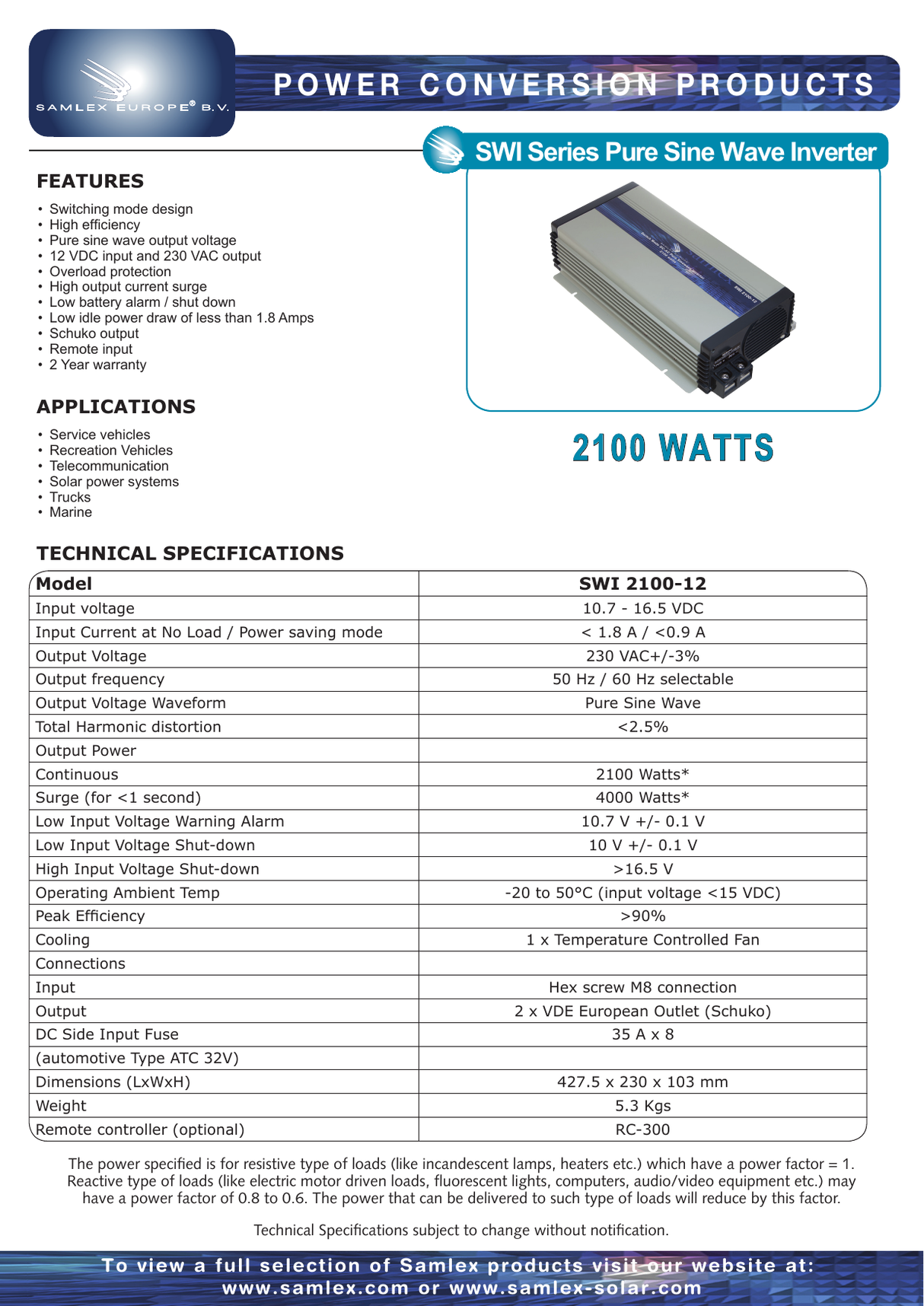 Samlex SWI 2100-12 12V 2100Watt omvormer datasheet