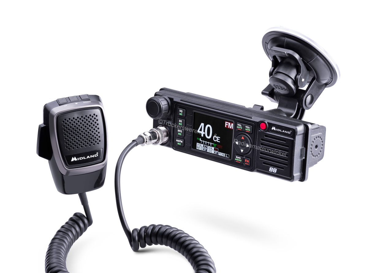 Midland 88 27MC transceiver met microfoon en zuignap bevestiging voor aan het raam