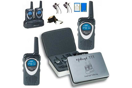 Midland 777 vergunningsvrije PMR446 walkie talkies met meegeleverde accessoires in opbergcase