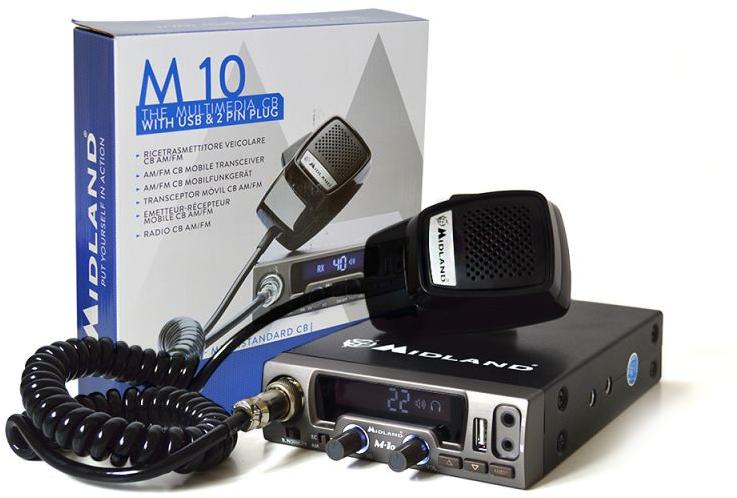 Midland M-10 27MC transceiver met microfoon en verpakking op achtergrond