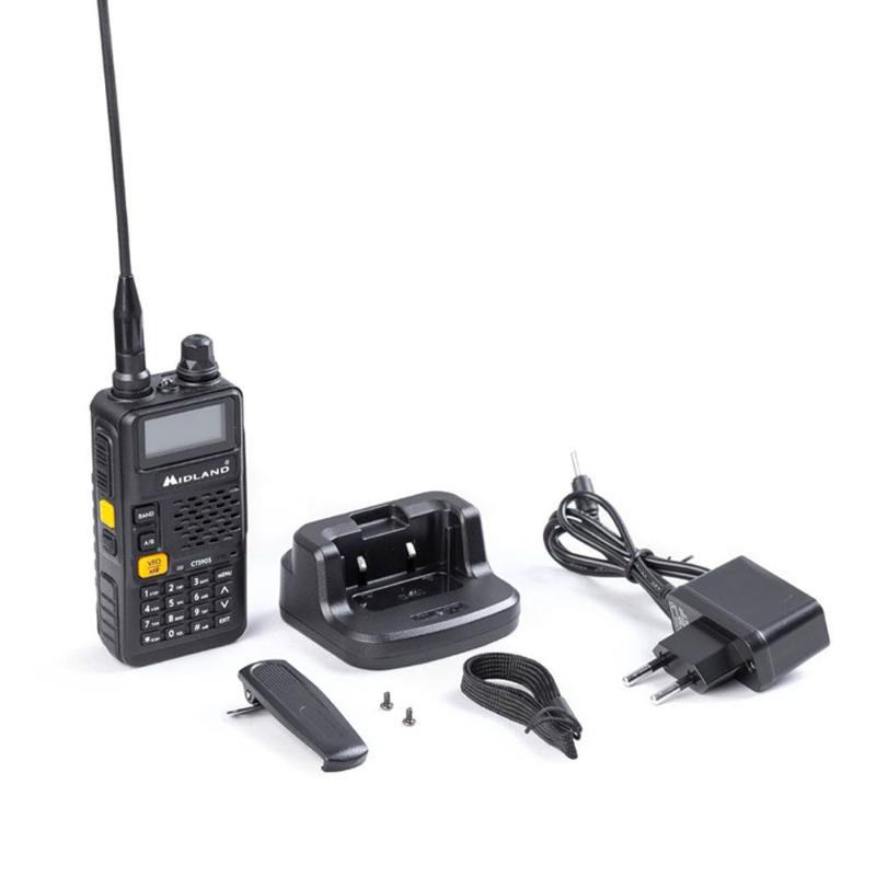 Midland CT-590S draagbare UHF/VHF transceiver met meegeleverde accessoires