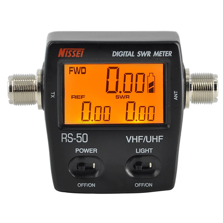 Nissei RS-50 SWR en Watt meter UHF/VHF met display, knoppen en aansluitingen