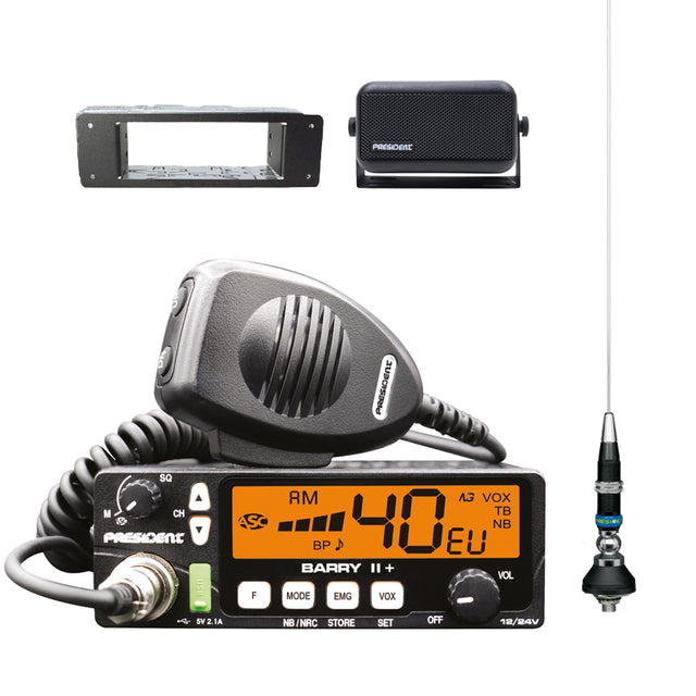 President Trucker set bestaande uit een President Barry II+, Een President Hawaii S antenne, een President HP-2 luidspreker en een Din inbouwframe