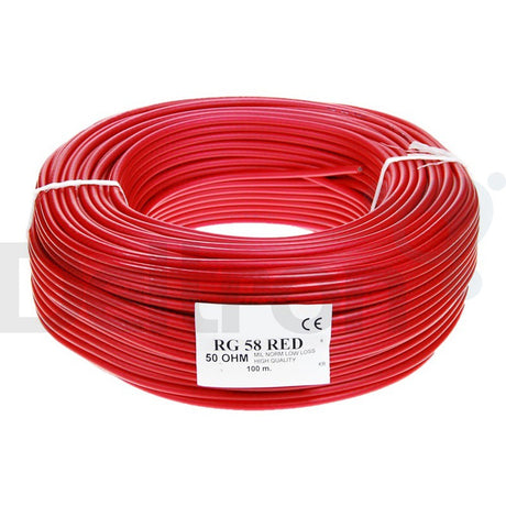 U ziet hier een rol van 100 meter RG58 RED MIL-C-17 Coaxkabel in de kleur rood