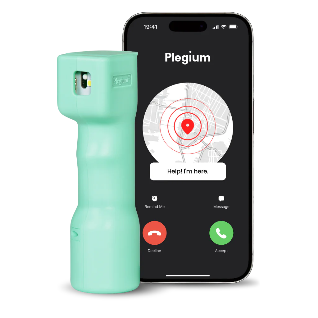 Plegium zelfverdedigingsspray met menthol, uv-markering, rode kleurstof en gratis smartphone app