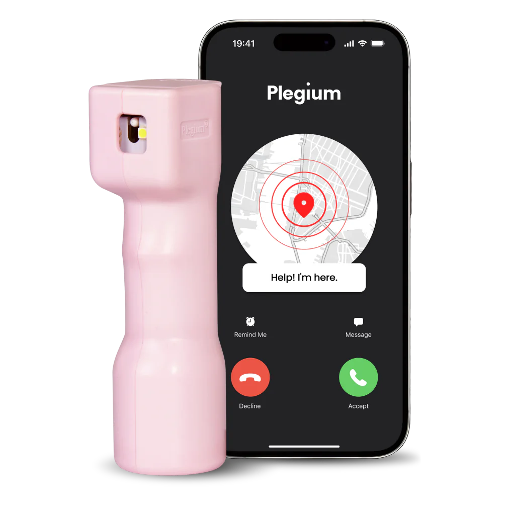 Plegium slimme zelfverdedigingsspray met gratis app zodat jouw contactpersonen direct gealarmeerd worden en jou gps-locatie weten