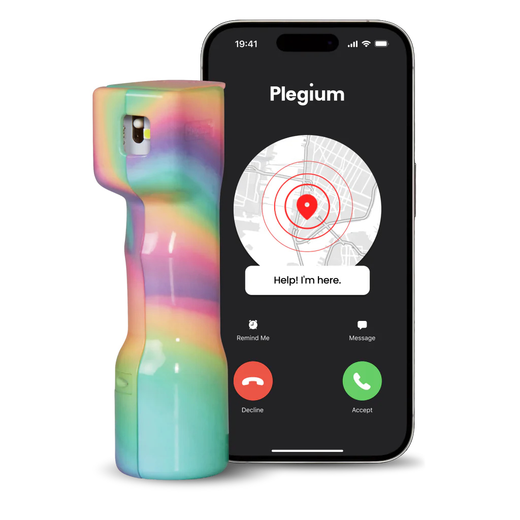 Plegium self defence spray in regenboog kleuren. Met gratis app die jouw contactpersonen waarschuwt 