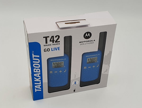 Motorola T42 PMR446 set van twee blauwe portofoons in de verpakking