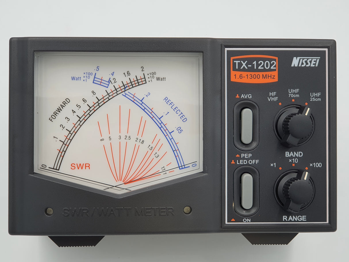 Nissei TX-1202 SWR en Watt meter vooraanzicht display en bedieningsknoppen