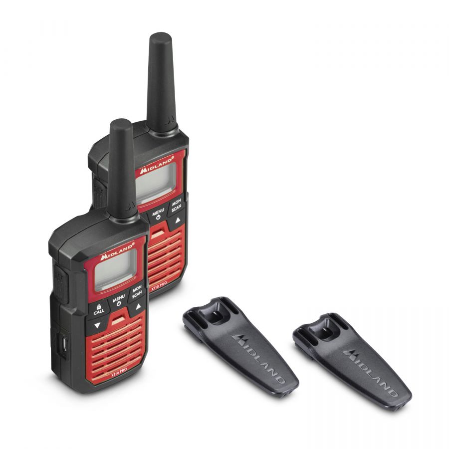 Midland XT10 PRO PMR446 portofoon set in rood met zwart met meegeleverde riemclips